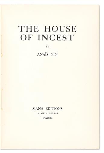 Nin, Anaïs (1903-1977) The House of Incest.